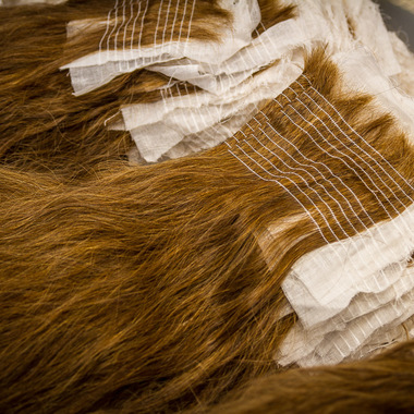 Echthaar wird auf Tressen genäht:  (&copy; &copy; Great Lengths)